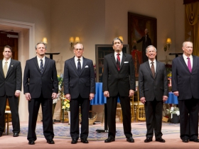 (L – R) – Reese Madigan, Brit Whittle, Mark Jacoby, Steve Sheridan, Martin L’Herault, and Jeff Steitzer in Milwaukee Repertory Theater’s 2014/15 Quadracci Powerhouse world premiere production of Five Presidents.