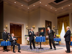(L – R) – Martin L’Herault, Mark Jacoby, Brit Whittle, Steve Sheridan, and Jeff Steitzer in Milwaukee Repertory Theater’s 2014/15 Quadracci Powerhouse world premiere production of Five Presidents. 
