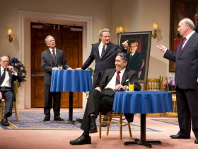 (L – R) – Mark Jacoby, Martin L’Herault, Brit Whittle, Steve Sheridan, and Jeff Steitzer in Milwaukee Repertory Theater’s 2014/15 Quadracci Powerhouse world premiere production of Five Presidents.