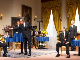 (L – R) –  Brit Whittle, Mark Jacoby, Steve Sheridan, (back row) Martin L’Herault, and Jeff Steitzer in Milwaukee Repertory Theater’s 2014/15 Quadracci Powerhouse world premiere production of Five Presidents. 