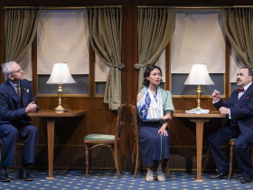 Milwaukee Repertory Theater presents Murder on the Orient Express in the Quadracci Powerhouse June 1 – July 1, 2022. Pictured L-R: Gregory Linington, Emjoy Gavino and Steven Rattazzi