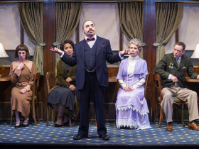 Milwaukee Repertory Theater presents Murder on the Orient Express in the Quadracci Powerhouse June 1 – July 1, 2022. Pictured L-R: Park Krausen, Diana Coates, Steven Rattazzi, Barbara Robertson and Jonathan Wainwright