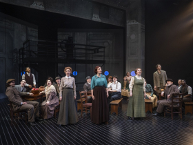 Milwaukee Repertory Theater presents Titanic The Musical in the Quadracci Powerhouse April 6 – May 14, 2022. Pictured Center L-R: Kelty Morash, Emma Rose Brooks and Sophie Murk, with the cast of Titanic The Musical