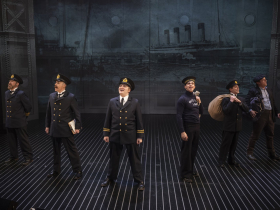 Milwaukee Repertory Theater presents Titanic The Musical in the Quadracci Powerhouse April 6 – May 14, 2022. Pictured L-R: Evan Harrington, Jamey Feshold, Jared Brandt Hoover, Julio Rey, Steve Pacek and Nathaniel Hackmann