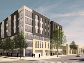 Northwest corner rendering of Greenwich Park Apartments with both phases completed. 