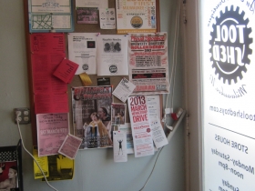 The bulletin board, a feature common to other local Milwaukee businesses and restaurants, is usually filled with local flyers, posters and zines.