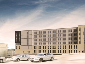 Southeast corner rendering of Greenwich Park Apartments with phase one complete.