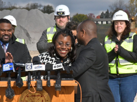 Mayor Hugs Alderwoman Larresa Taylor at Northridge Mall demolition press conference Mayor Hugs Alderwoman Larresa Taylor at Northridge Mall demolition press conference