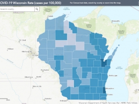 September 19th COVID-19 Wisconsin Cases Per 100,000 Residents Map
