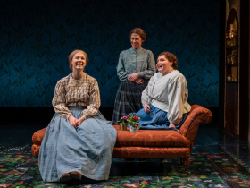 Milwaukee Repertory Theater presents Little Women in the Quadracci Powerhouse January 16 – February 18, 2024. Pictured Katie Peabody, Colleen Madden, Amelio García.  Photo by Michael Brosilow.