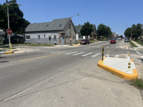 Pinned-on curb bumpouts at S. 13th Street and W. Harrison Avenue