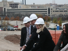Vanessa Koster, of the Department of City Development, joins in the groundbreaking fun!