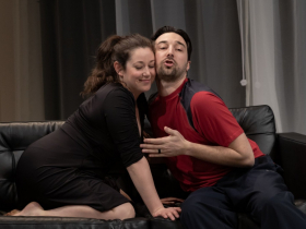 Emily Vitrano and Nick Narcisi in Renaissance Theaterworks’ production of L”APPARTEMENT by Joanna Murray-Smith