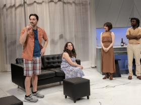 Emily Vitrano, Jonathan Bangs and Nick Narcisi in Renaissance Theaterworks’ production of L”APPARTEMENT by Joanna Murray-Smith