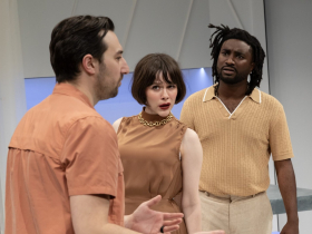 Nick Narcisi, Cara Johnston and Jonathan Bangs in Renaissance Theaterworks’ production of L”APPARTEMENT by Joanna Murray-Smith