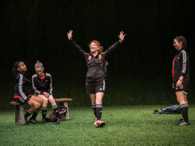 Madison Jones as #2, Natalie Ottman as #8, Josie Van Slyke as #13 and Maya Thomure as #11 in Renaissance Theaterworks’ production of THE WOLVES by Sarah DeLappe.  Photo by Ross Zentner.