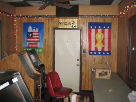 The back room doubles as a patriotic gaming hall.