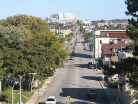 Looking east on North Avenue from the park with the North Point Water Tower in the background