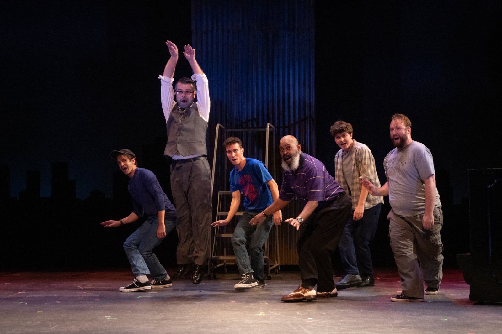(l. to r.) Dan DeLuca (Jerry Lukowsk), Zach Thomas Woods (Harold Nichols), Jordan Arrasmith (Ethan Girard), Lee Palmer (Noah “Horse” T. Simmons), Joey Chelius (Malcolm MacGregor) and Nathan Marinan (Dave Bukatinsky) in Skylight Music Theatre’s production of The Full Monty running September 24 – October 17, 2021.