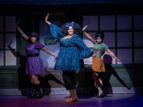 (l. to r.) Brandite Reed (Crystal), Raven Dockery (Ronnette) and Kristen Jeter (Chiffon) in Skylight Music Theatre’s production of Little Shop of Horrors running November 19, 2021 - January 2, 2022.