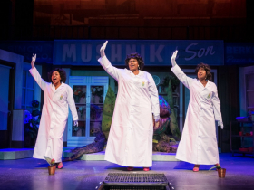 (l. to r.) Kristen Jeter (Chiffon), Raven Dockery (Ronnette) and Brandite Reed (Crystal) in Skylight Music Theatre’s production of Little Shop of Horrors running November 19, 2021 - January 2, 2022.