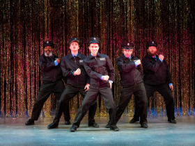 (l. to r.) Lee Palmer (Noah “Horse” T. Simmons), Joey Chelius (Malcolm MacGregor), Jordan Arrasmith (Ethan Girard), Zach Thomas Woods (Harold Nichols) and Nathan Marinan (Dave Bukatinsky) in Skylight Music Theatre’s production of The Full Monty running September 24 – October 17, 2021.