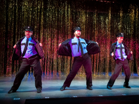 (l. to r.) Zach Thomas Woods (Harold Nichols), Nathan Marinan (Dave Bukatinsky) and Jordan Arrasmith (Ethan Girard) in Skylight Music Theatre’s production of The Full Monty running September 24 – October 17, 2021.