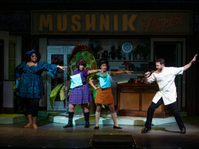 (l. to r.) Raven Dockery (Ronnette), Brandite Reed (Crystal), Kristen Jeter (Chiffon) and Dan Gold (Orin Scrivello) in Skylight Music Theatre’s production of Little Shop of Horrors running November 19, 2021 - January 2, 2022. (Editor’s note: Dan Gold appears as Orin Scrivello in performances Nov.19-21. After Nov. 21, the role of Orin will be played by Seth K. Hale.)
