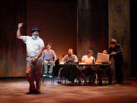 (l. to r.) Lee Palmer (Noah “Horse” T. Simmons), Abram Nelson (Nathan Lukowski), Nathan Marinan (Dave Bukatinsky), Dan DeLuca (Jerry Lukowski), Zach Thomas Woods (Harold Nichols) and Joey Chelius (Malcolm MacGregor) in Skylight Music Theatre’s production of The Full Monty running September 24 – October 17, 2021.