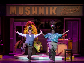 (l. to r.) David Flores (Mushnik) and Kevin James Sievert (Seymour) in Skylight Music Theatre’s production of Little Shop of Horrors running November 19, 2021 - January 2, 2022.