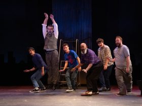 (l. to r.) Dan DeLuca (Jerry Lukowsk), Zach Thomas Woods (Harold Nichols), Jordan Arrasmith (Ethan Girard), Lee Palmer (Noah “Horse” T. Simmons), Joey Chelius (Malcolm MacGregor) and Nathan Marinan (Dave Bukatinsky) in Skylight Music Theatre’s production of The Full Monty running September 24 – October 17, 2021.