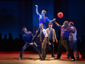 (l. to r.) Dan DeLuca (Jerry Lukowski), Jordan Arrasmith (Ethan Girard, center), Zach Thomas Woods (Harold Nichols), Joey Chelius (Malcolm MacGregor), Lee Palmer (Noah “Horse” T. Simmons) and Nathan Marinan (Dave Bukatinsky) in Skylight Music Theatre’s production of The Full Monty running September 24 – October 17, 2021.