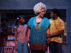 (l. to r.) Terynn Erby-Walker (Little Inez), Bethany Thomas (Motormouth Maybelle) and Gilbert Domally (Seaweed J. Stubbs) in rehearsal for Skylight Music Theatre’s production of Hairspray November 16 – December 30.