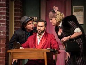 (l. to r.) Doug Jarecki (Gangster 1) Andrew Varela (Fred Graham/Petruchio) and Kelly Doherty (Gangster 2) in rehearsal for Skylight Music Theatre’s production of Kiss Me, Kate May 17 – June 16.