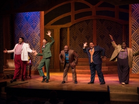 (l. to r.) Lorenzo Rush Jr. (Big Moe), Sean Anthony Jackson (Eat Moe), Shawn Holmes (No Moe), James Carrington (Four-Eyed Moe) and Kevin James Sievert (Little Moe), in rehearsal for Skylight Music Theatre’s production of Five Guys Named Moe January 25 – February 10.