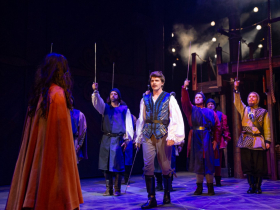 Joey Chelius (Phoebus, center) and the cast in Skylight Music Theatre’s production of The Hunchback of Notre Dame running May 20 – June 12, 2022.