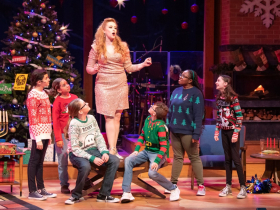 (l. to r.) Taylor Arnstein, Ella Caglin, Max Chelius, Samantha Sostarich, Grant Schnoonover, Naima Gaines, and Bristol Beasley in Skylight Music Theatre’s production of A Jolly Holiday: Celebrating Disney’s Broadway Hits.