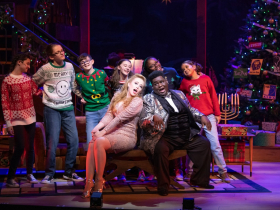 (l. to r. front row) Samantha Sostarich, Kevin James Sievert, (l. to r. back row) Taylor Arnstein, Max Chelius, Grant Schoonover, Bristol Beasley, Naima Gaines and Ella Caglin in Skylight Music Theatre’s production of A Jolly Holiday: Celebrating Disney’s Broadway Hits.