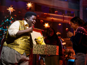 (l. to r. front) Kevin James Sievert, Ella Caglin, (l. to r. background) Naima Gaines and Grant Schoonover in Skylight Music Theatre’s production of A Jolly Holiday: Celebrating Disney’s Broadway Hits.