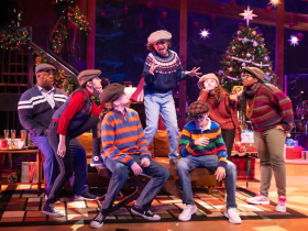 (l. to r.) Shawn Holmes, Taylor Arnstein, Max Chelius, Ella Caglin, Grant Schoonover, Bristol Beasley and Naima Gaines in Skylight Music Theatre’s production of A Jolly Holiday: Celebrating Disney’s Broadway Hits.