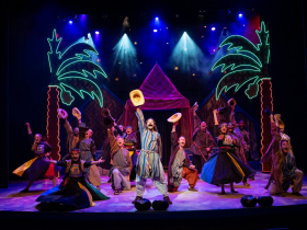 (I to r front line) Emily Mertens as Ensemble, Jesse Weinberg as Reuben, (I to r middle line) Hope Riesterer as Ensemble, Samantha Sostarich as Dan, Joshua Thone as Gad, Jake Horstmeier as Simeon, Emily Molloy as Ensemble, Josh Pope as Levi, (I to r back line) Shawn Holmes as Judah, Vivian Romano as Ensemble, Matt Zeman as Naphtali, Ciara Hart as Zebulon, (I to r far back line) Matthew Torkilsen as Benjamin, and William Toney as Asher in Skylight Music Theatre’s production of Joseph and the Amazing Technicolor® Dreamcoat, running November 14 through December 28, 2025