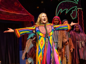 Mason Hanizeski as Joseph, William Toney as Asher, Joshua Thone as Gad, and Ciara Hart as Zebulon in Skylight Music Theatre’s production of Joseph and the Amazing Technicolor® Dreamcoat, running November 14 through December 28, 2025.