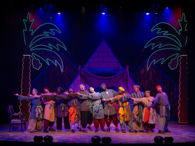 Samantha Sostarich as Dan, Matthew Torkilsen as Benjamin, Ciara Hart as Zebulon, Jesse Weinberg as Reuben, Matt Zeman as Naphtali, Jake Horstmeier as Simeon, William Toney as Asher, Shawn Holmes as Judah, Josh Pope as Levi, Rachel Bednarowski as Issachar, and Joshua Thone as Gad in Skylight Music Theatre’s production of Joseph and the Amazing Technicolor® Dreamcoat, running November 14 through December 28, 2025