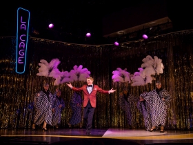 Norman Moses (Georges) with the Cagelles in Skylight Music Theatre’s La Cage Aux Folles