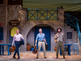 Ben George (Harry Bright), Victor Wallace (Sam Carmichael) and Jacob Horstmeier (Bill Austin) in Skylight Music Theatre’s production of Mamma Mia! running September 23 – October 16, 2022.