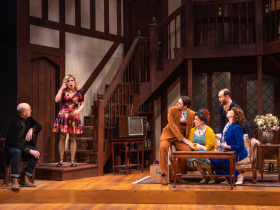 The cast in rehearsal for Skylight Music Theatre’s production of Noises Off.