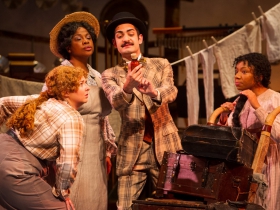 (l. to r.) Hannah Esch (Ado Annie), Cynthia Cobb (Aunt Eller), Ethan Brittingham (Ali Hakim) and Brittani Moore (Laurey Williams) in Skylight Music Theatre’s production of Oklahoma! September 27 – October 13.