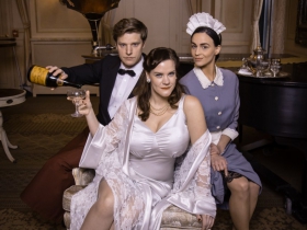 Cassandra Black as the Duchess, Kaleigh Rae Gamaché as the Maid and Benjamin Robinson as the Waiter