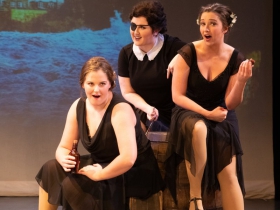 (l. to r.) Katie Gruell (Bridesmaid and Ghosts), Sandi Lash (Dame Hannah), and Megan McCarthy (Bridesmaid and Ghosts) in Ruddigore running January 3 – January 19, 2020.