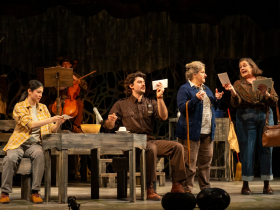 (left to right) Micah Friedman as Percy Talbott, Frankie Breit as Sheriff Joe Sutter, Suzanne Graff as Hannah Ferguson, and Rhonda Rae Busch as Effy Krayneck in Skylight Music Theatre’s production of The Spitfire Grill, running February 27 through March 15, 2026.